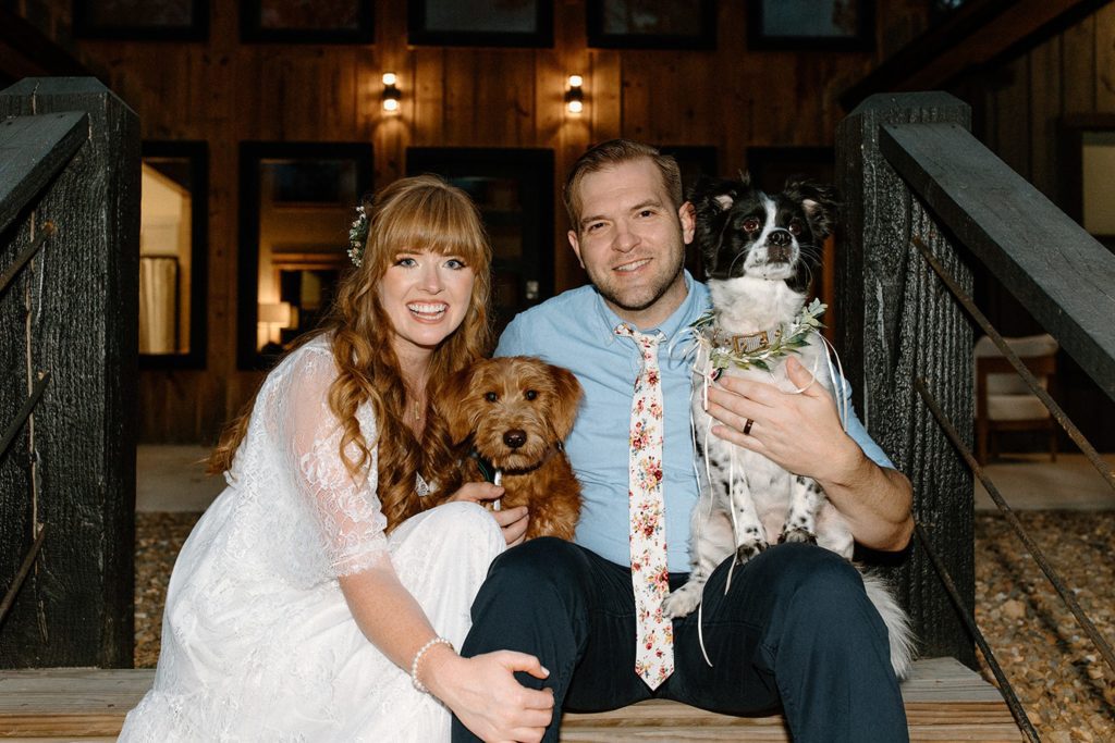 Couple portrait for Broken Bow Elopement wedding with their dogs 