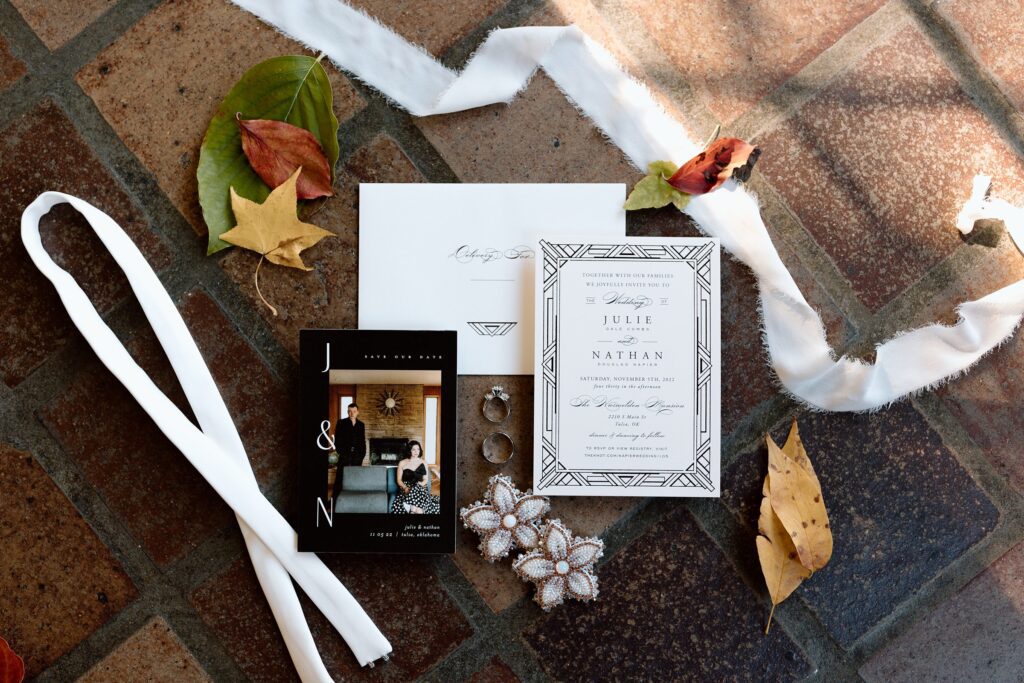 Invitation flat lay for fall wedding at Harwelden Mansion