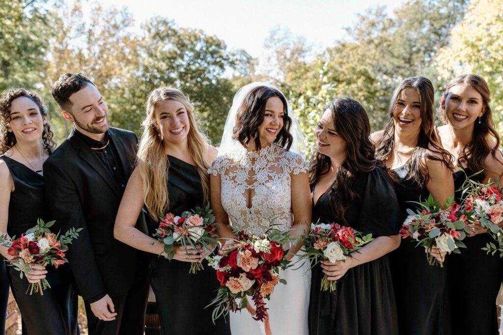 Black and white color scheme for fall wedding at Harwelden Mansion in Oklahoma
