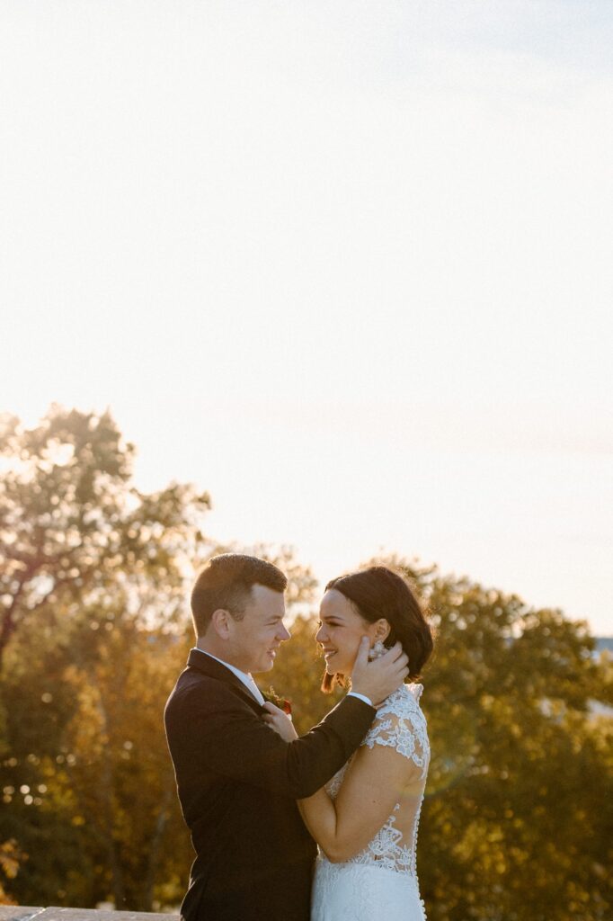 Bride & groom sunset portrait for Oklahoma fall wedding 