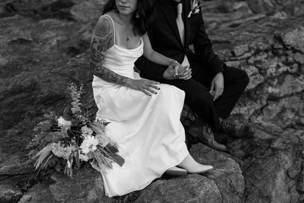 Black and white photo of bride and groom during elopement in the mountains of the Hudson Valley