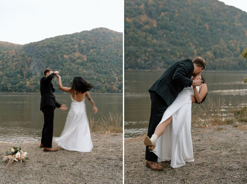 Bride and groom dancing on the beach elopement in the mountains