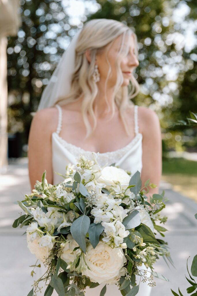 All white bridal bouquet for Mansion at Woodward Park Wedding