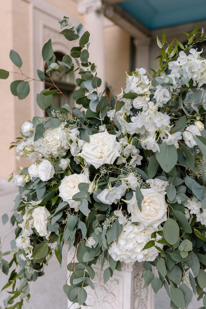 Ceremony flowers for Mansion at Woodward Park wedding ceremony