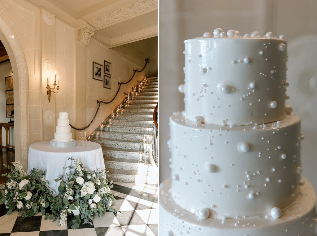 Reception decor and pearl covered cake for The Mansion at Woodward Park wedding
