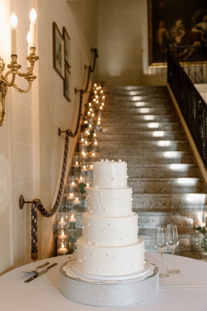 Four tier pearl covered cake for Tulsa, Oklahoma wedding