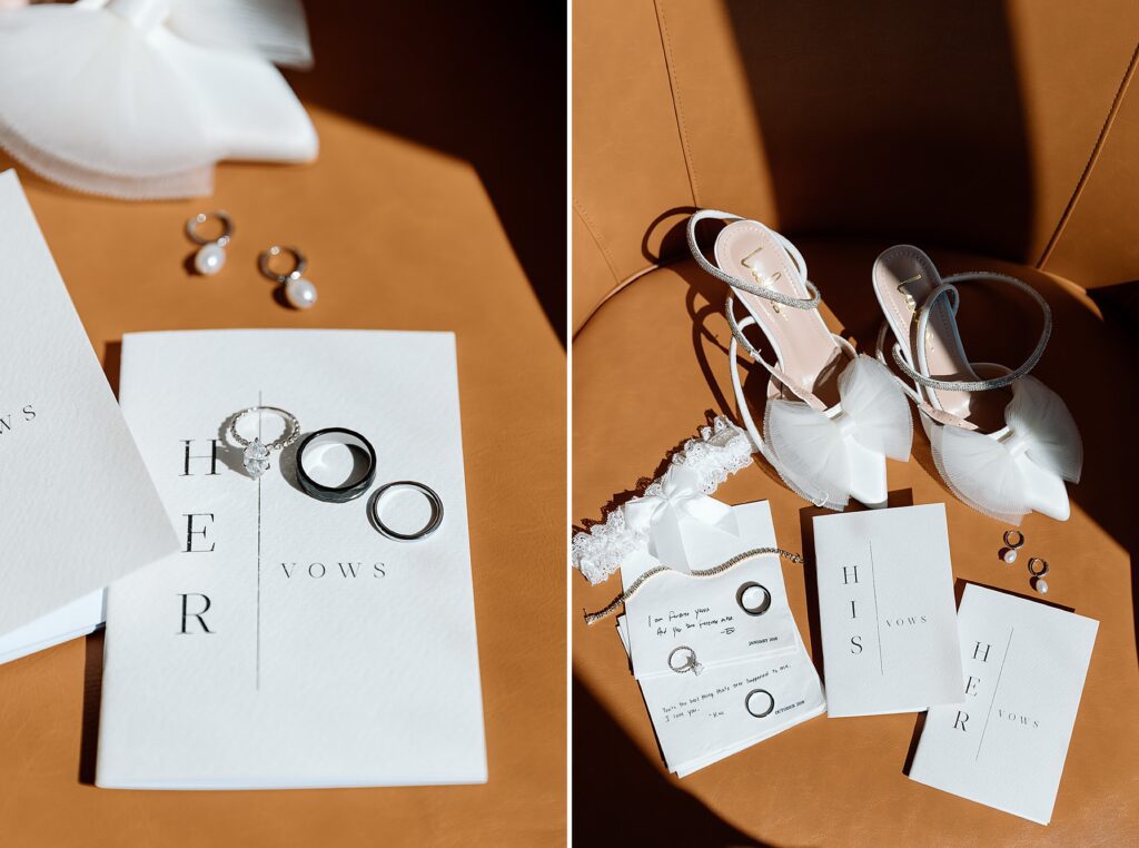 Flat lay detail photography with vows book, rings, and bow shoes on film for The Vista at 21 wedding