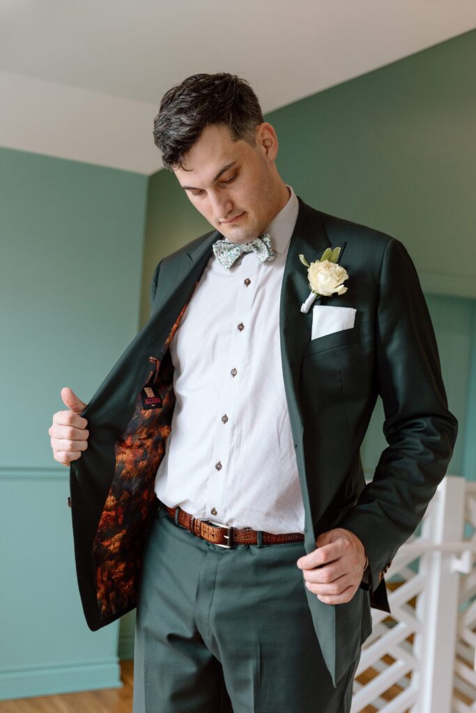 Groom portrait for Bradford House elopement wearing a custom suit
