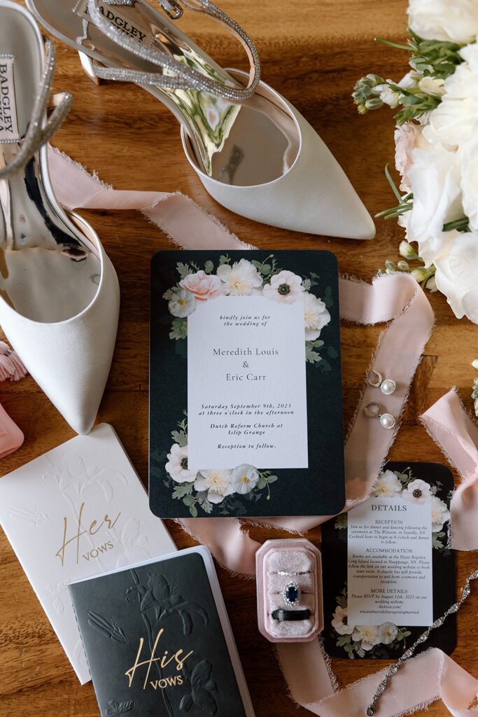 Flat lay wedding details with black and blush color scheme for Intimate chapel wedding 