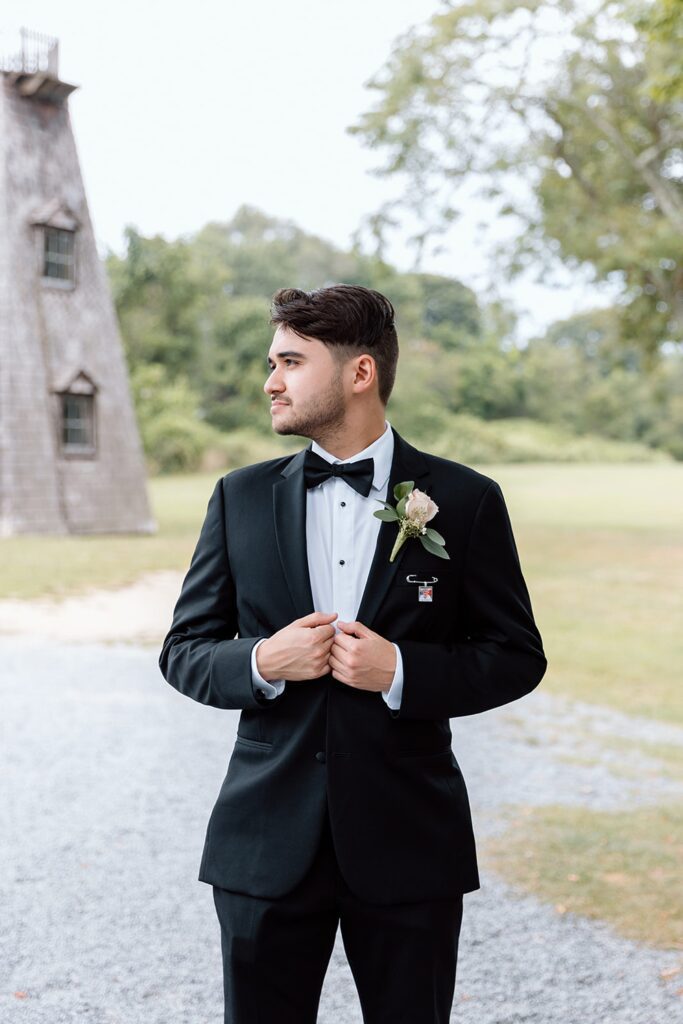 Groom portrait at The Chapel at Islip Grange in Long Island for intimate chapel wedding 