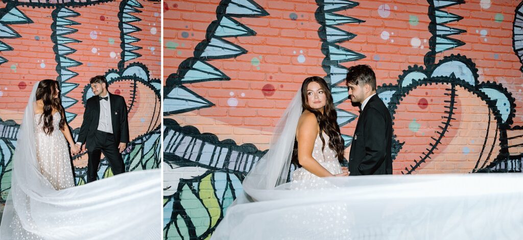 Bride and groom portrait in front of a colorful mural in Long Island at The Winston
