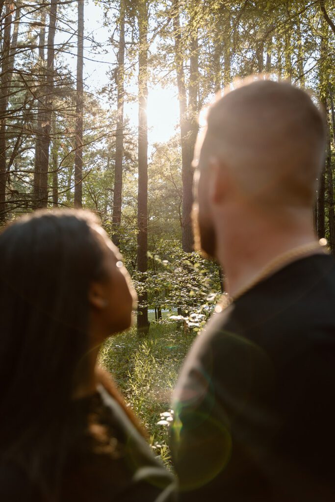 couple looks at forest and sun 