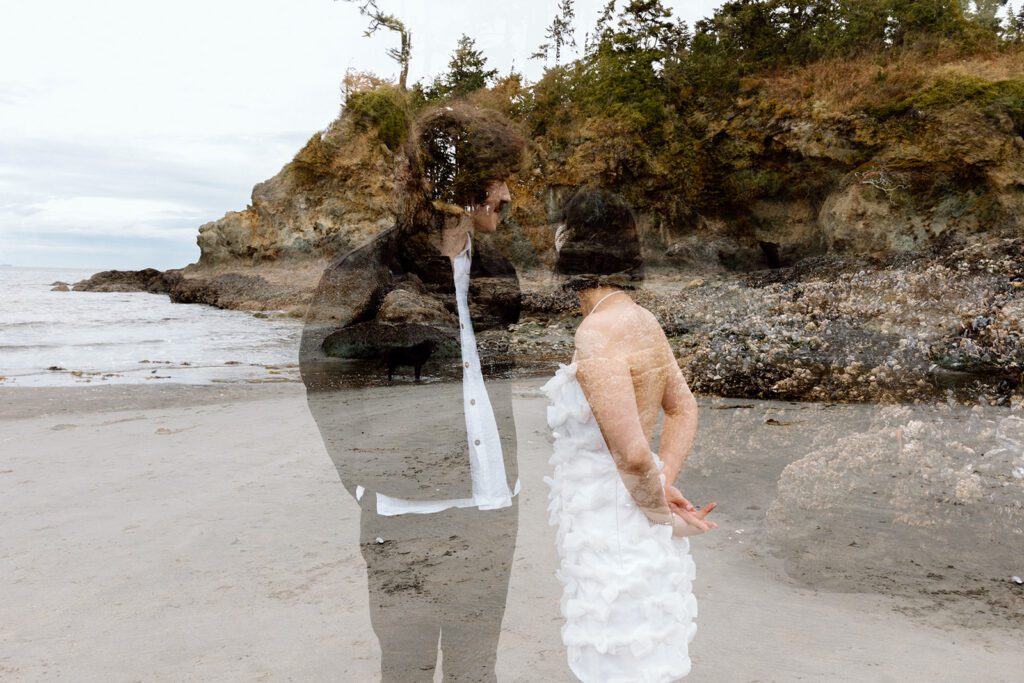 double exposure couple shot on beach in Olympic National Park PNW