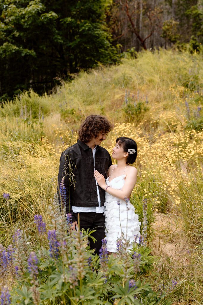 couple look at each other in twilight inspired engagement session 