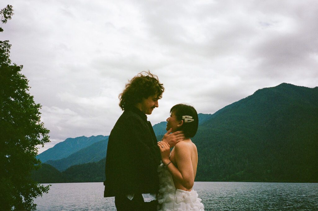 film picture cloudy day mountains and lake at olympic national park PNW engagement session 