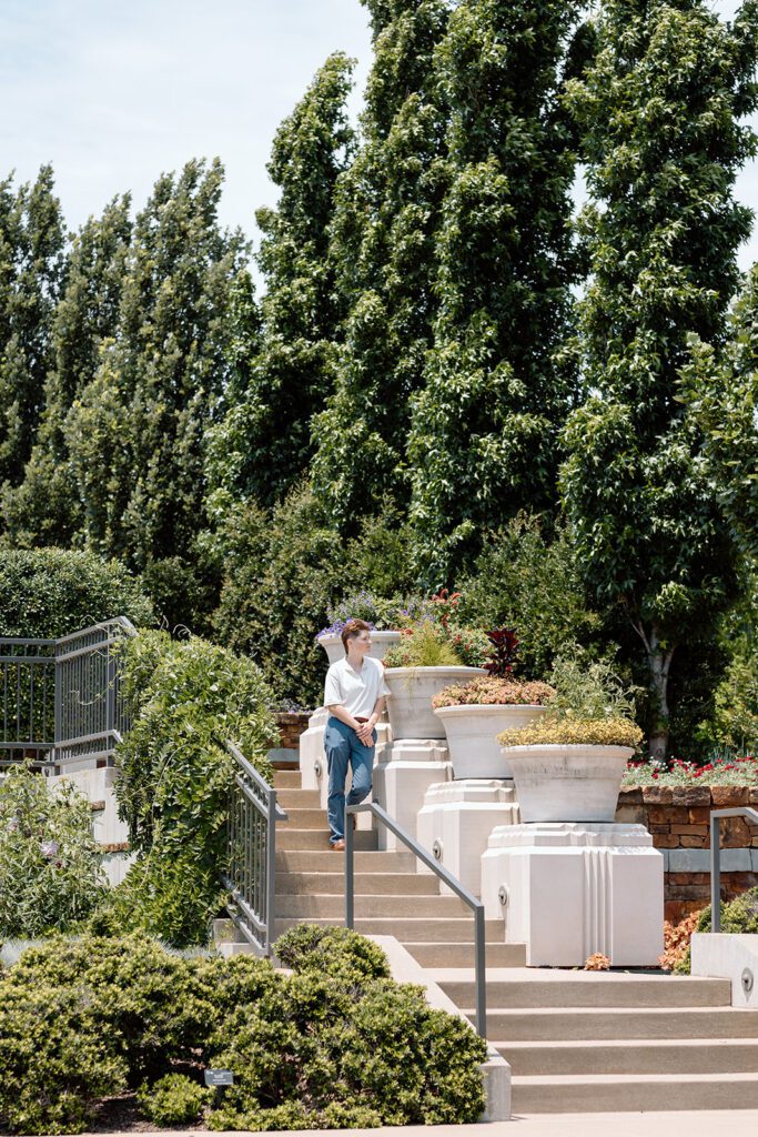 women on a stairs at queer engagement at Tulsa Botanical Garden