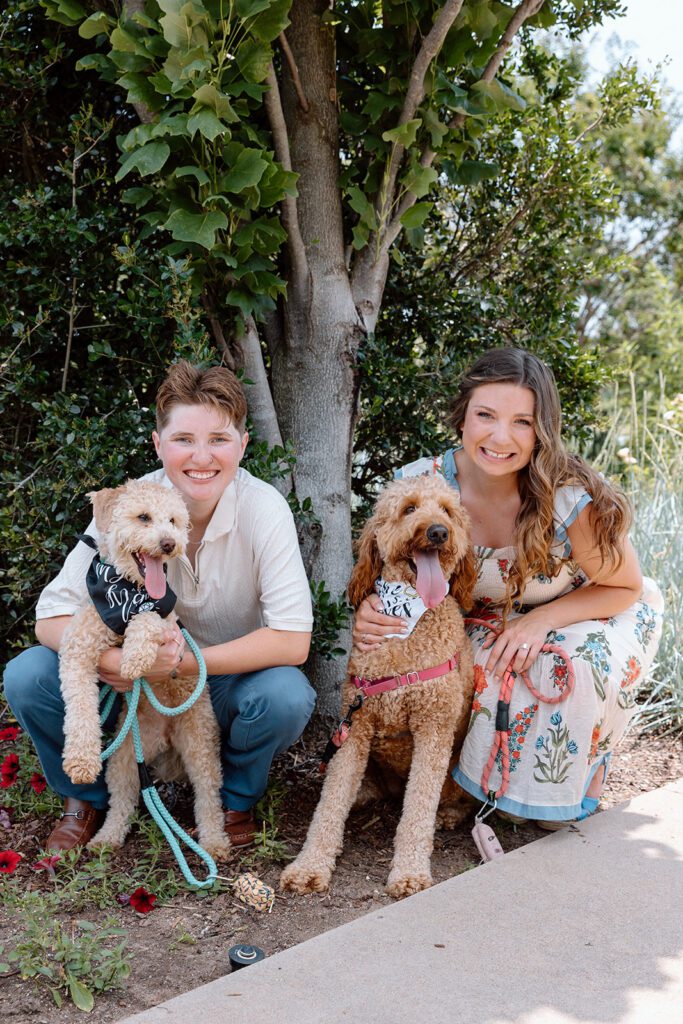 couple poses with 2 dogs 