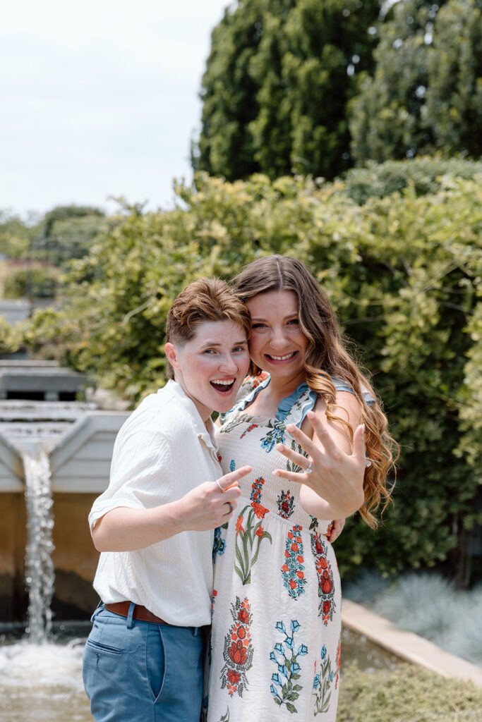 two women at queer engagement photoshoot at Tulsa Botanical Gardens 