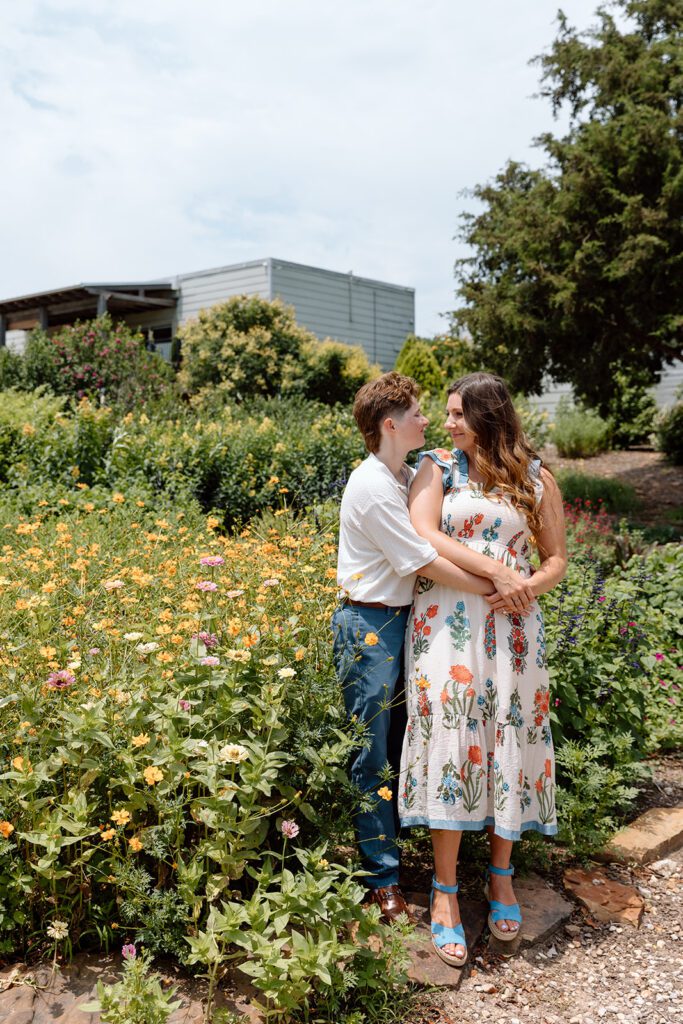 two women in a field of wildflowers at Tulsa botanical garden