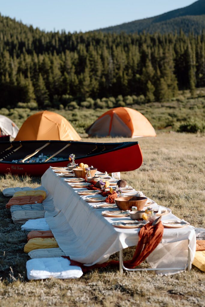 tablescape at camping elopement reception in Colorado 