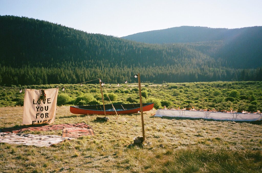 Camping elopement in colorado reception set up 