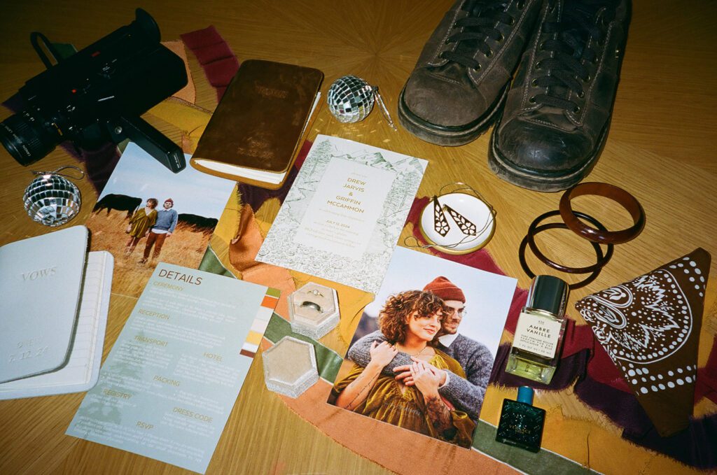 wedding details flat lay for camping elopement in Colorado 