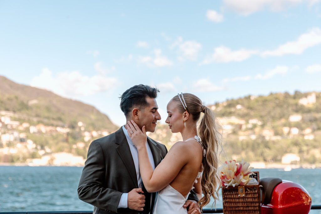 italian lake como elopement with red vespa and tulips 