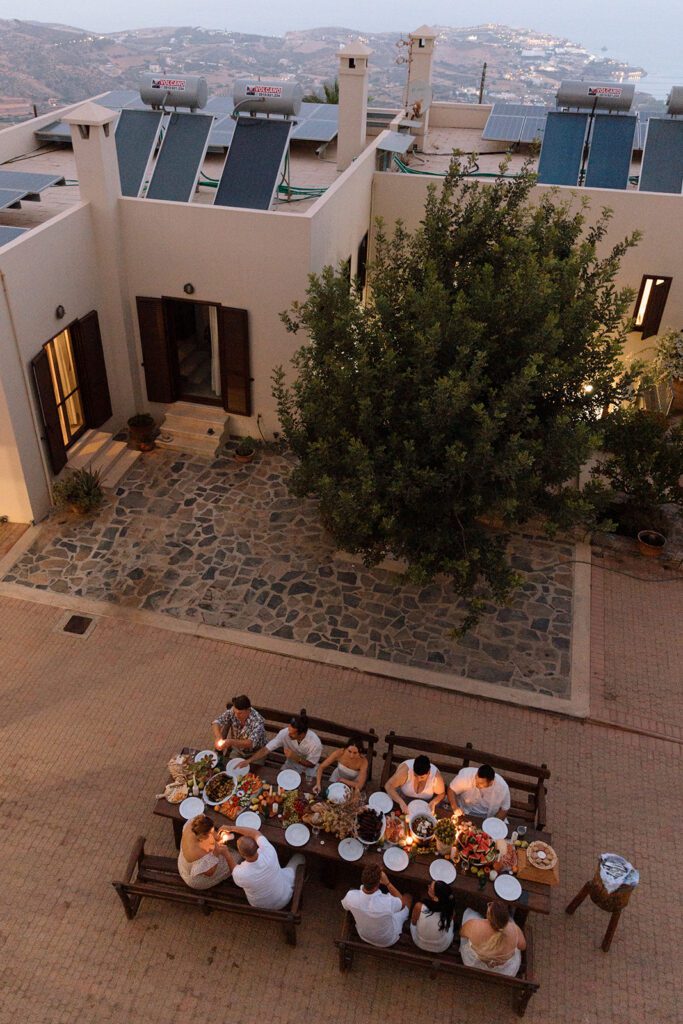 aerial shot of welcome dinner at greek villa elopement