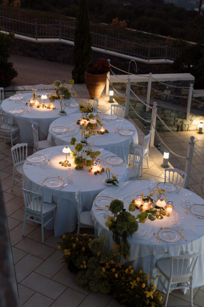 night view of dream greek elopement reception tables 